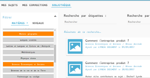 Capture d'écran de la bibliothèque d'exercices en SES {PNG}